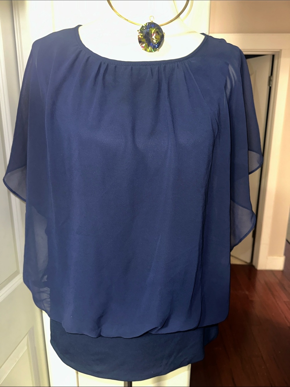 JM Collection Navy Blue Chiffon Flutter Sleeve Popover Bubble Hem Top Size L